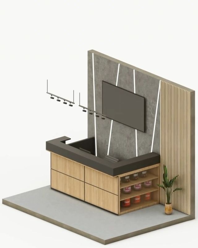Render 3D de un mueble de TV con barra y listones